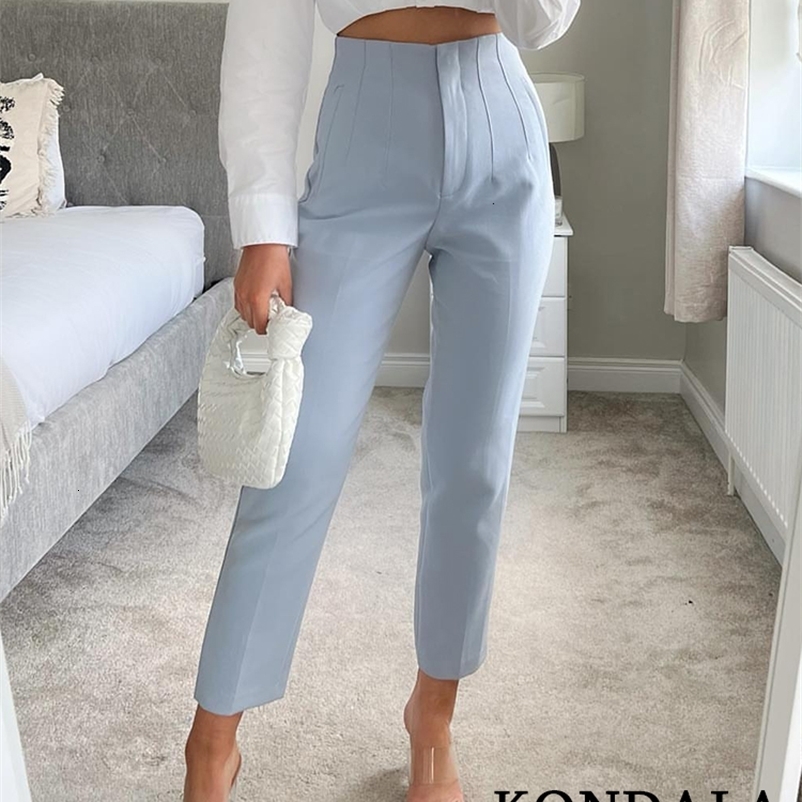 Women's Pants Capris KONDALA Women Light Blue Chic Fashion Office Wear Straight Pants Vintage High Waist Zipper Fly Female Trousers Fashion 230