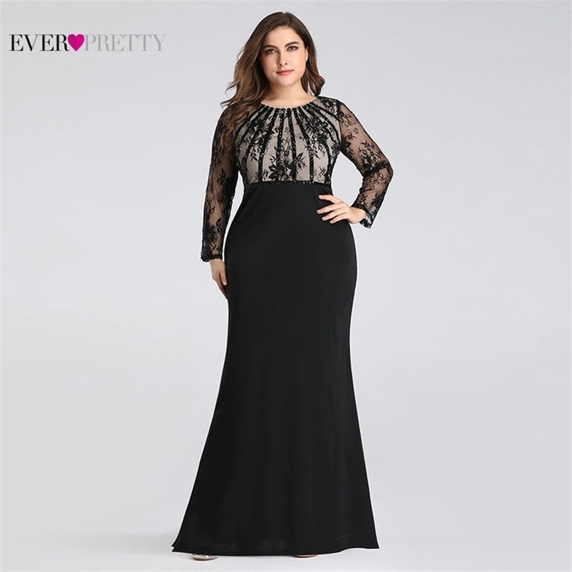 Plus Size Evening Dresses Long Ever Pretty Elegant Mermaid Lace Full Sleeve Oneck Robe De Soiree New Wedding Guest Gowns 201114