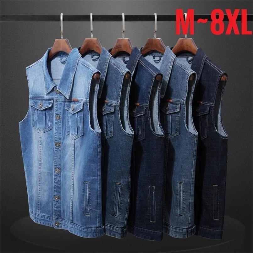 Plus Size 8XL 7XL 6XL Clothing Spring Denim Vests Mens Sleeveless Cowboy Jackets Male Vintage Casual Vest Jeans Man Waistcoat 240813