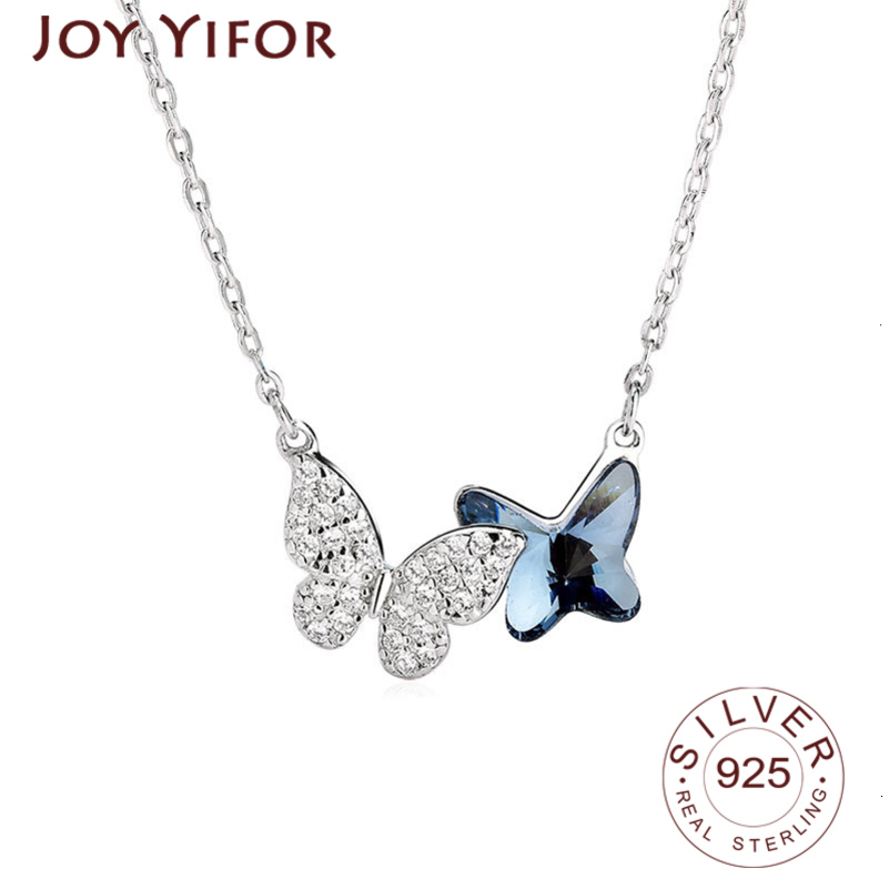 Pendant Necklaces 925 Sterling Silver Necklace Ladies Elegant Chain Fashion Blue Butterfly Shape Jewelry Round 230629