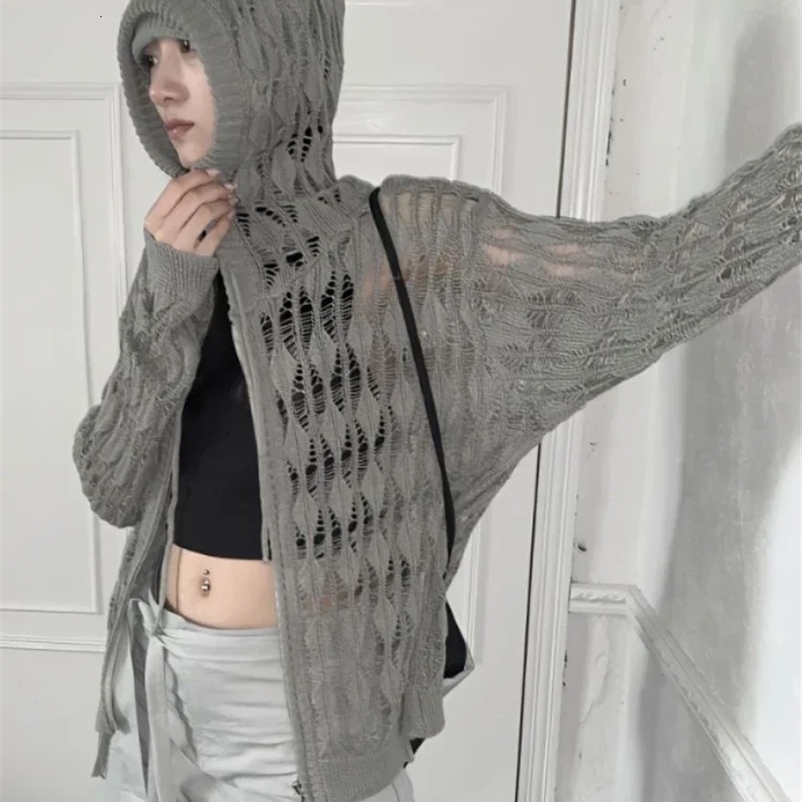 Harajuku Sweater Coat Women Clothes Pull Femme Ropa Mujer Hooded Hollow Out Knitted Jacket Thin Y2k Cardigan Fashion Tops 240703