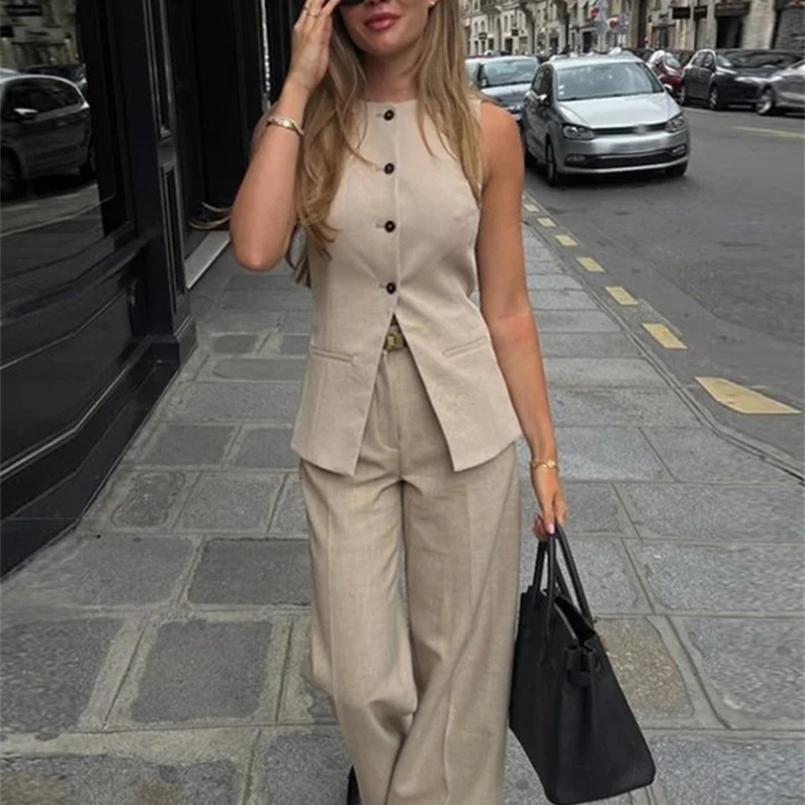 Elegant Vest Pants Sets Women 2 Pieces Sleeveless O-neck Single Breasted Top High Waist Wide Pant Summer Office Lady Outfit 240731