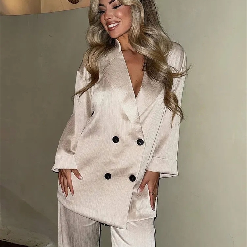 TRAF Autumn Women Casual Blazer Coat Pants Set Long Sleeve Double Breasted Blazer Wide Leg Trousers Lady Office Outfit 250118