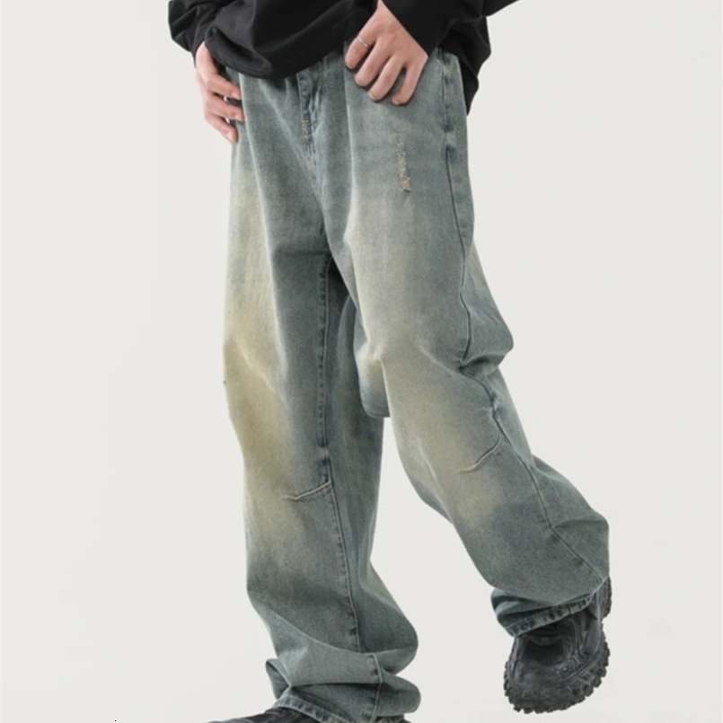Retro Jeans Men Autumn American Punk Style High Street Baggy Hip Hop Full Length All-match Washed Nostalgic Denim Trousers 240823