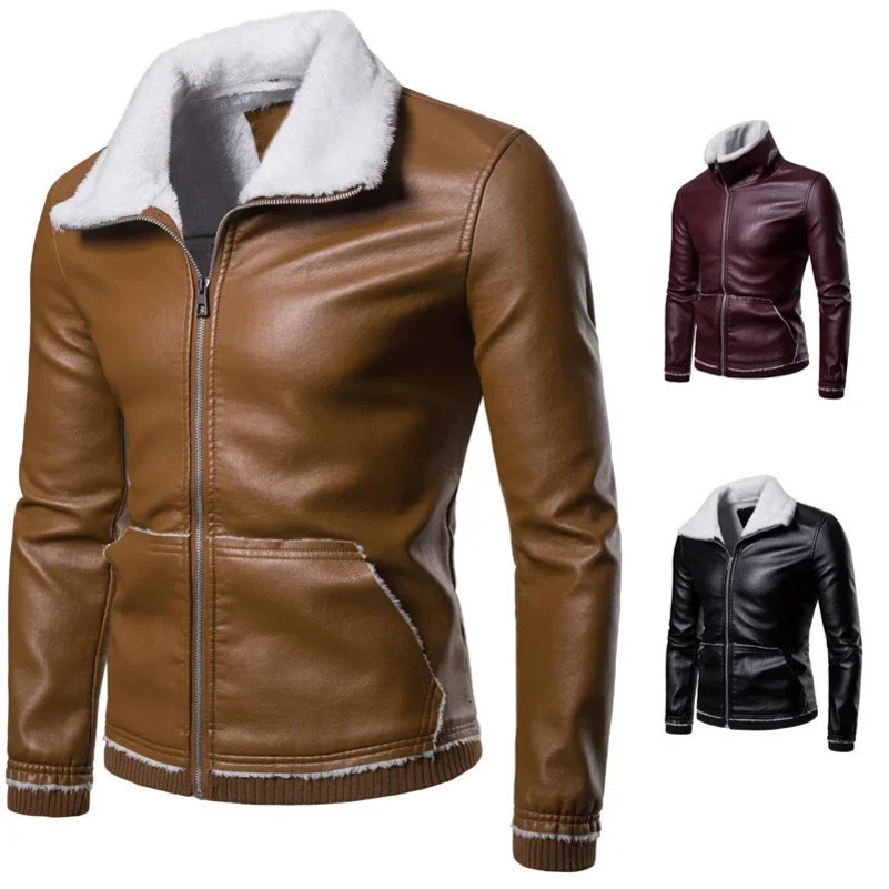Casual Fashionable Plus Size Thickened Leather Jacket For Men WinterLapel Lamb Wool Coat Wholesale 250102