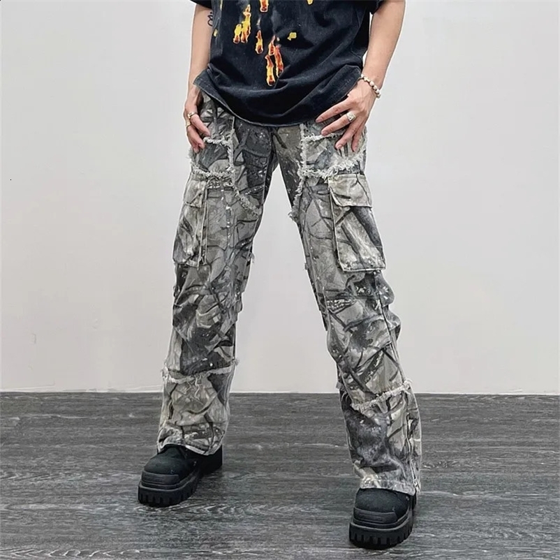 Overview Camouflage Y2K Fashion Luggage Shining Jeans Cargo Pants Mens Clothing Straight Womens Wide Leg Pants 241203