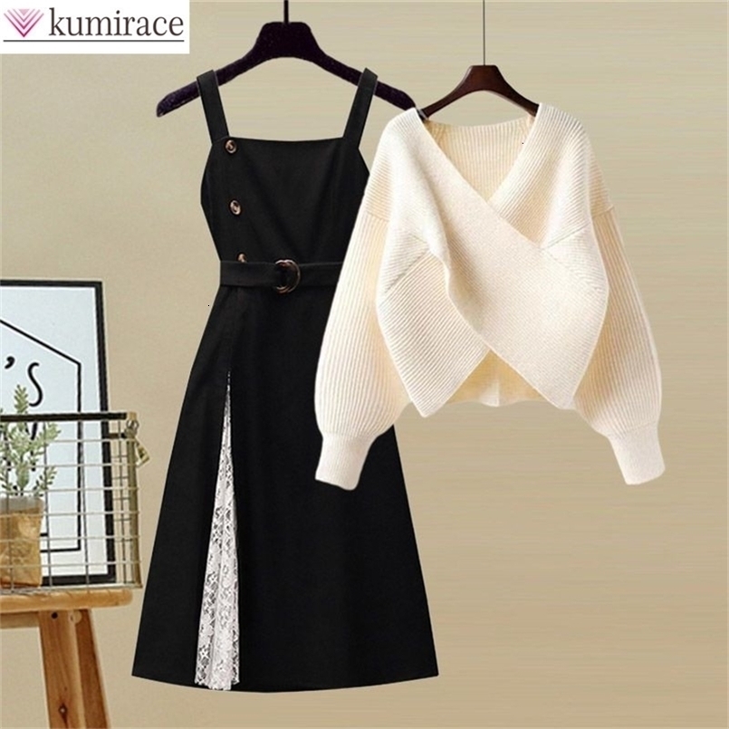 Autumn Korean Cross Knit Sweater Sexy Black Sling Dress Two Piece Elegant Womens Dresses Set Female Outfit 240829