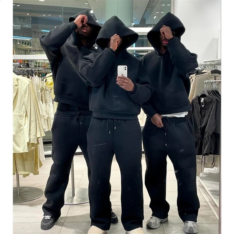 2 Piece Set Fashion Casual Solid Hooded Pullover Straight Pants Tracksuit For Male Loose Hoodies Sweatshirt Wide Leg Sweatpants 241217