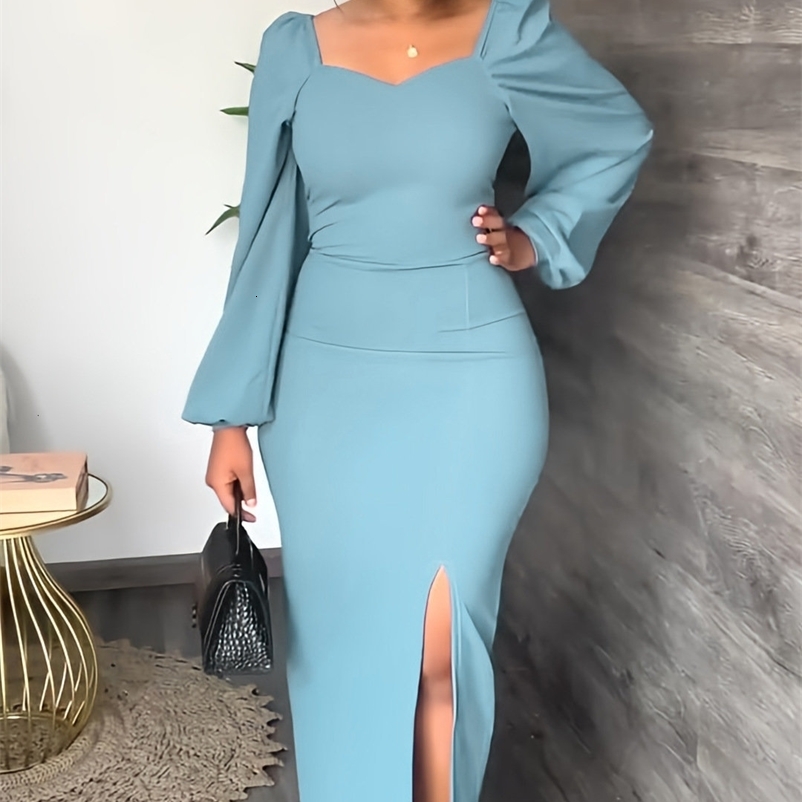 Party Dresses Spring Summer Elegant Party Dress Women Fashion Slim Solid Square Neck Long Sleeve Split Dress Women 230211
