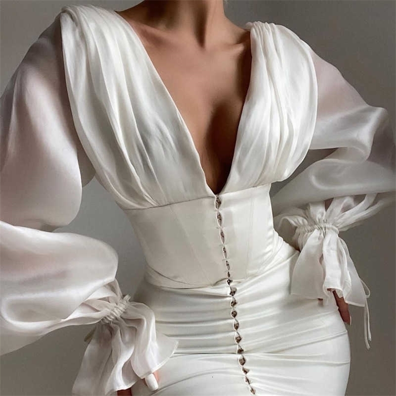 DEAT Women Deep V-neck Temperament Long Lantern Sleeve Buttocks Dress High Waist Slim Fashion Spring Summer 11B519 210709