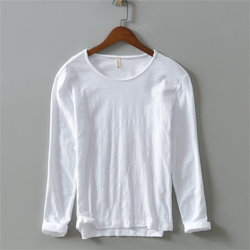 Autumn Winter 100% Cotton T-shirt Men O-Neck Solid Color Casual T Shirt Basic Tees Plus Size Long Sleeve Tops Y31 210707