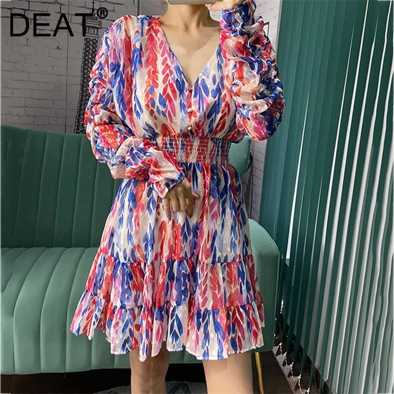DEAT Women Printing Dress V-Neck Long Sleeve Arrivals Lady Sexy Fashion Temperament Spring Autumn 11D1872 210709