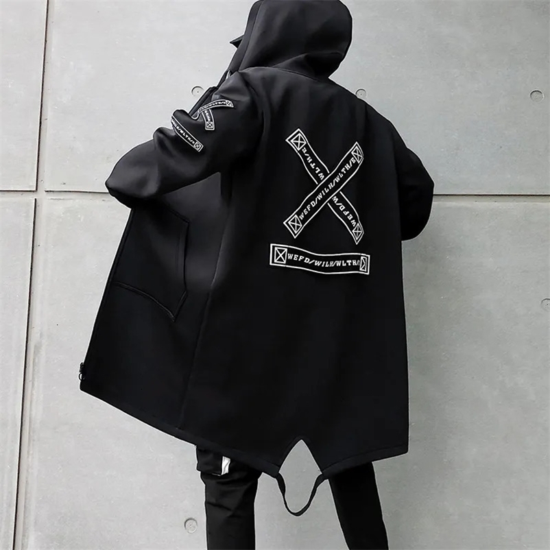 Men Streetwear Black Jackets And Coats Hip Hop Harajuku Hooded Men's Windbreaker Overcoat Mens Clothing 240105