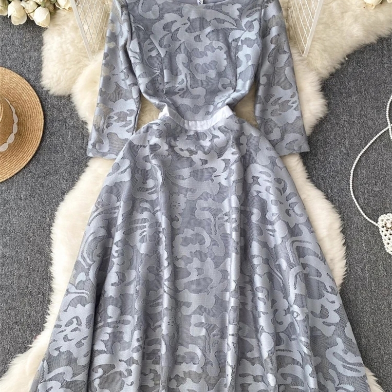 FTLZZ Summer Autumn Elegant Women O-neck Three Quarter Sleeve Knee-Length Dress Vintage Lady Lace Mesh Patchwork Ruffled Dress 240722