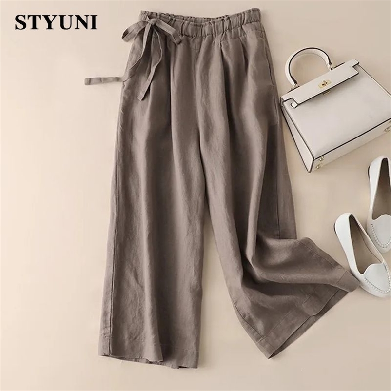Women's Pants Capris Khaki Bow Elastic High Waist Straight Pants Summer Casual Cotton Linen Lightweight Comfortable Ankle-Length Pants For Wome