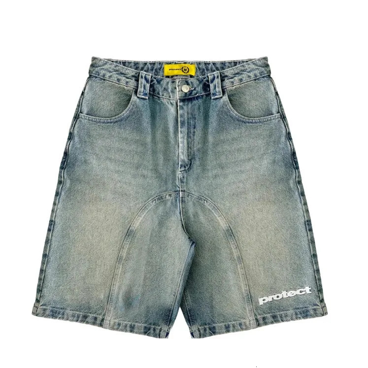 American Letter Pattern Embroidered Denim Shorts Y2K Mens Street Retro Washed Old Trend Gothic Denim Sweatpants Street Wear 250922