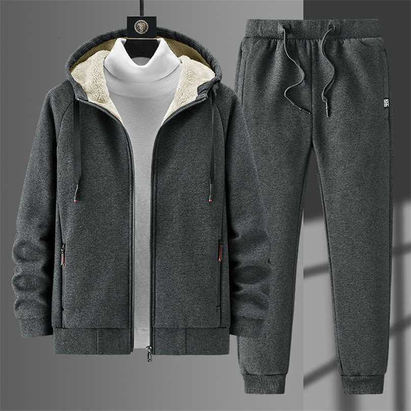 Winter Thick Warm Fleece Tracksuit Men Plus Size Hooded 2 Piece Set Thermal Jacket+Pants Sportswear Casual Sweat Suits 8XL 211109