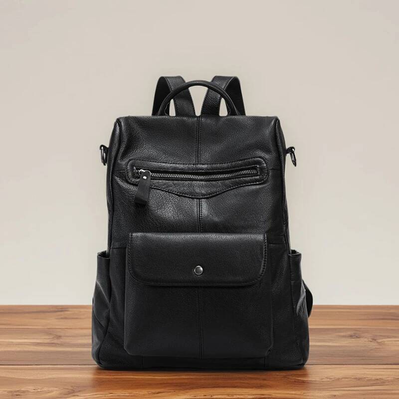 Genuine Cowhide Leather Women's Black Travel Backpack Large Capacity Soft Casual Satchel Commuter Designer Accessories high-quality