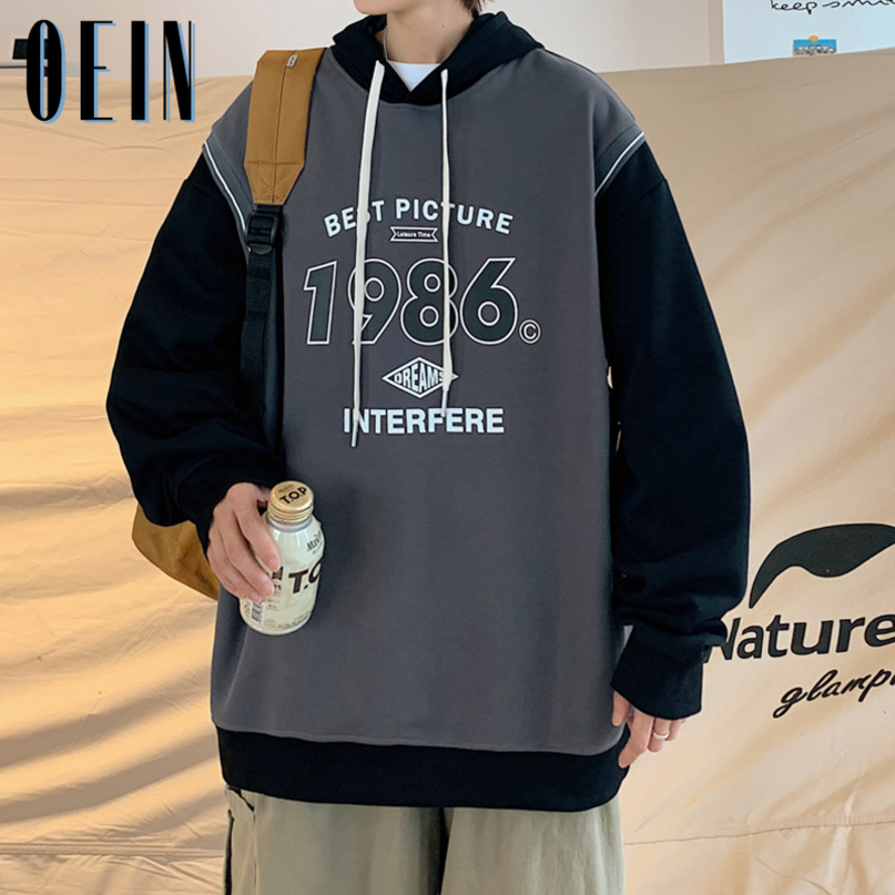Mens Hoodies Sweatshirts OEIN Oversized Warm Fleece Casual Harajuku 1986 Print Men Patchwork Korean Women Pullovers 221207