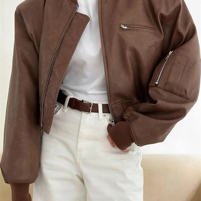 Solid leather womens jacket casual zipper office jacket street commuting fashionable jacket womens loose jacket 240824