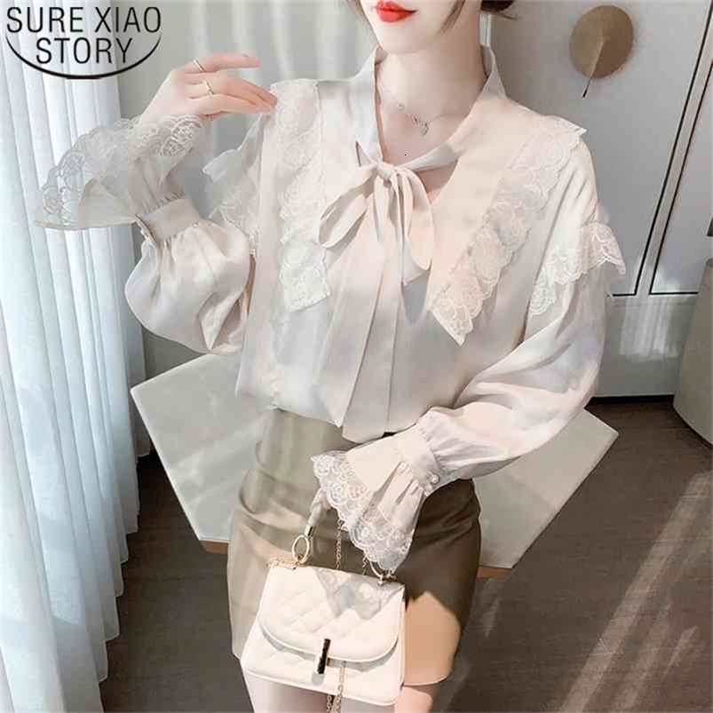 Vintage Blouse Hong Kong Style Chiffon Clothes Strappy Tops Spring Lace Ruffled Flare Long Sleeve Women Blouses 13210 210506
