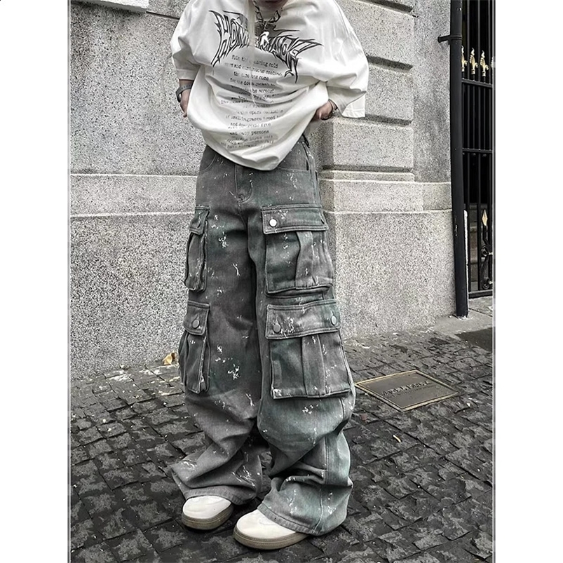 Splashed Printed Fashion Hip Hop Patchwork Jeans Pants Multi Pockets Loose Denim Grey Trousers For Woman Y2K 2000s Hi Stree 250224