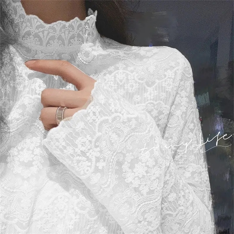 Autumn Winter Womens Pullover Turtleneck Gauze Solid Lace Floral Embroidery Long Sleeve T-shirt Undershirt Fashion Casual Tops 240425