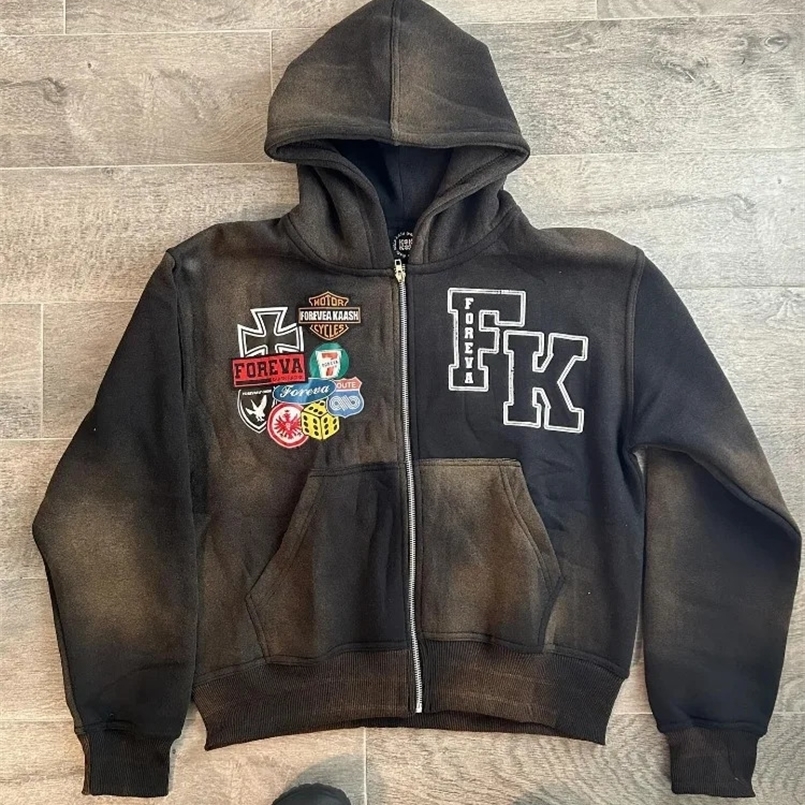 American High street vintage letter print hoodie men Y2K Goth Harajuku fashion street zipper hoodie couple loose sweatshirt 240823