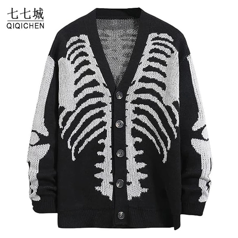 Hip hop sweater mens cardigan wool sweater Y2K skeleton jacquard ultra-fine knitted cardigan wool sweater autumn and winter casual loose jumper neut