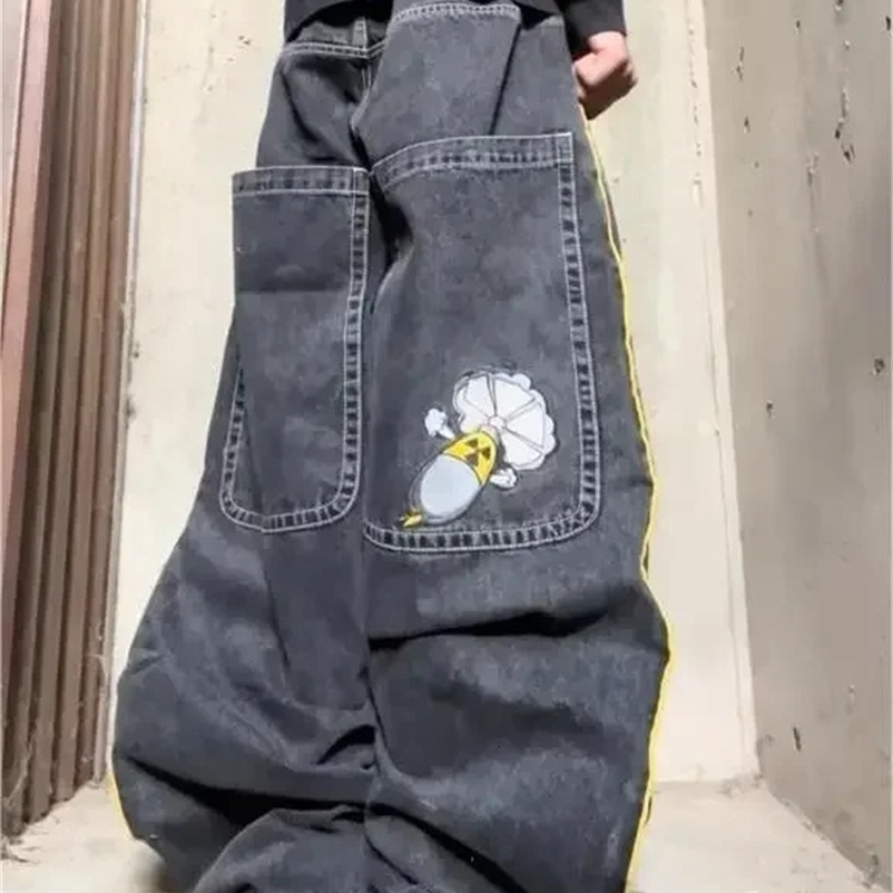 Vintage American High Street Embroidered Jeans with Black Pocket Patchwork Y2K Gothic Mens Denim Pants Fashion Hip Hop Wide Leg Womens Jeans 250118