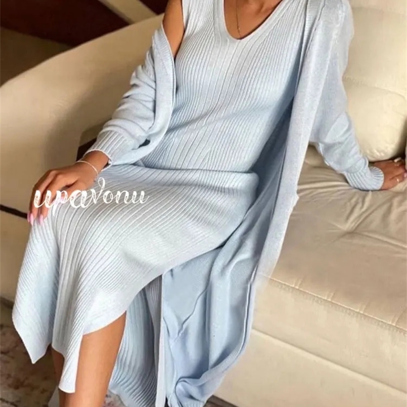 Elegant Womens Knit Dress Two Piece Set Fall Long Sleeve Cardigan Long Coat Skinny Midi Dress Knitwear Set 240829