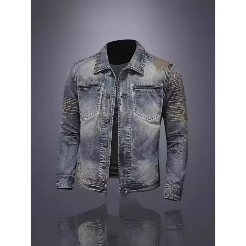 Vintage Distressed Motorcycle Denim Jacket For Men Korean Style Slim Fit Trendy Spring Autumn Top Casual Thin Material 240829