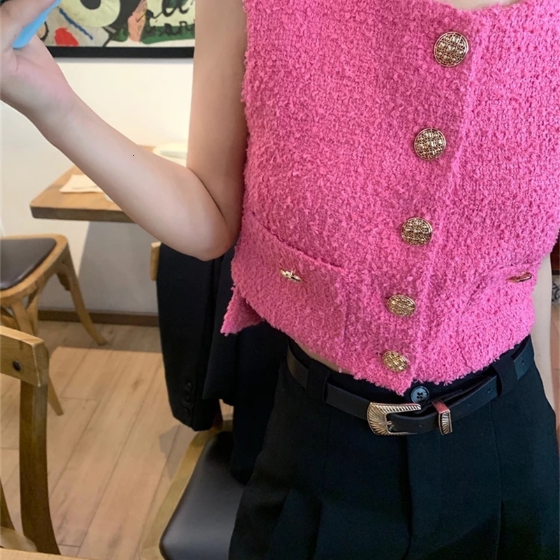 Small Fragrant Tweed O-neck Vest for Women Spring Summer Pink Single Breasted Vest Female Korean Fashion Elegant Sleeveless Tops 240704