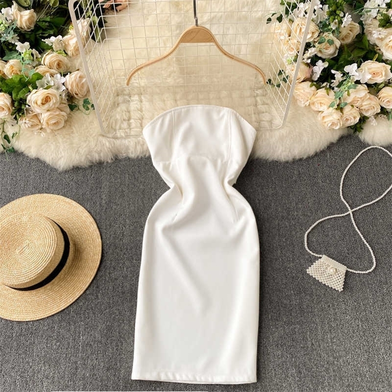 DEAT Women Mesh Stitching Open Back Strapless Dress Solid Color High Waist Sexy Slim Bow Fashion Spring Summer 11B566 210709