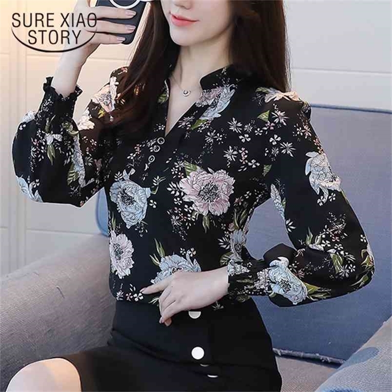spring long sleeve blouses fashion slim casual print plus size elegant OL style women shirts chiffon clothing D556 30 210506
