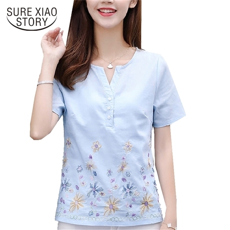 spring women clothing short sleeve blouses fashion tops embroidery floral casual style slim female shirts d388 30 210506