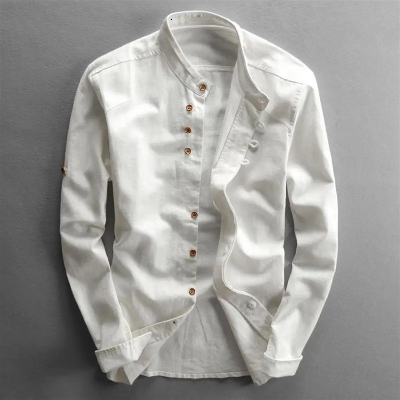 Mens Linen Cotton Shirt Cotton Linen Stand Collar Long Sleeve Slim Fit Male Casual Shirt Single Breasted Classical Office Shirt 250207