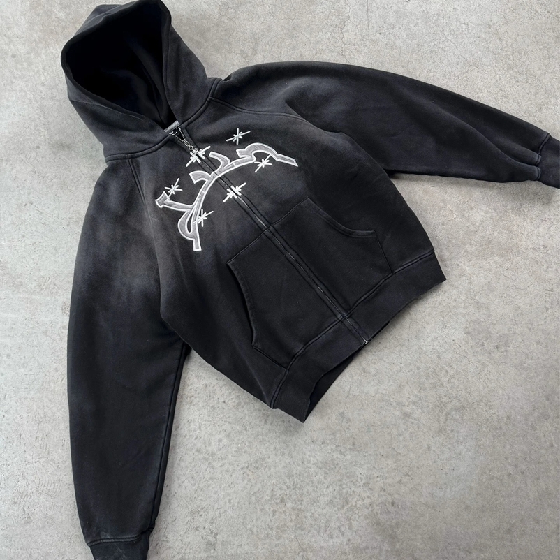 Diving Vintage Fashion Embroidered Zipper Hoodie Y2k Harajuku Hip Hop Coat Loose Hoodie Mens and Womens Street Clothing 241203
