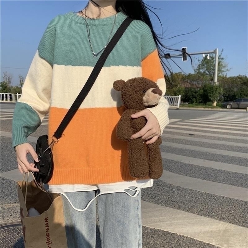 Womens Sweaters Y2K autumn striped sweater for female students loose outer wear lazy retro color matching pullover trend 220923