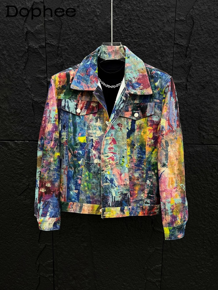 2025 Spring Autumn Personality Colorful Graffiti Oil Painting Denim Coats Mens Trend Fashion Versatile Loose Casual Jackets 250917Z