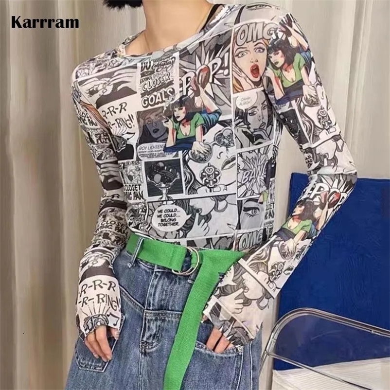 Karrram Vintage Comic Movie Print T Shirt Long Sleeve Mesh Tops Women Y2k Streetwear Sexy See Through Thin Soft Tee European 240703