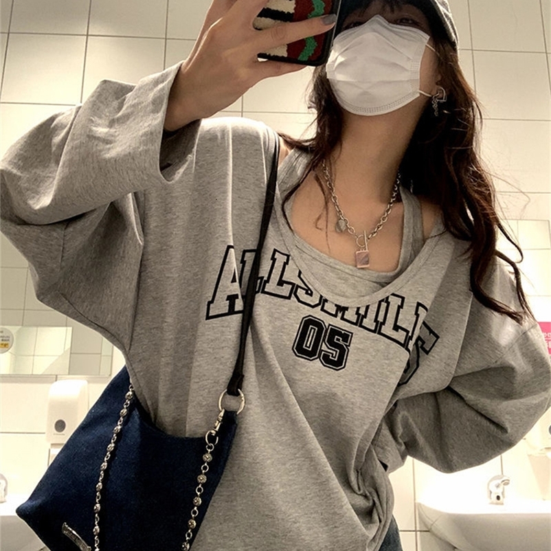 Women's T-Shirt Y2K Oversized Women T-Shirts Spring Long Sleeve Halter Letter Print Sweatshirt Ladies Casual Loose Harajuku Tops Two Pieces Set