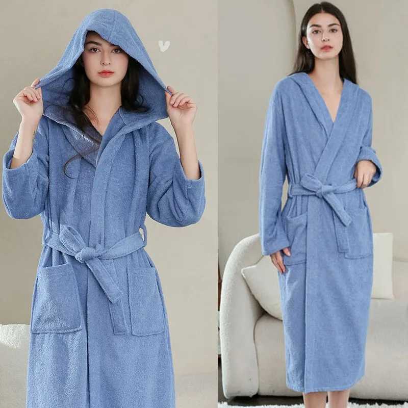 Women Cotton Towel Long Bathrobe Sleepwear Water Uptake Bath Robe Loose Female Dressing Gown Cozy Solid Hooded Hotel Spa Robe Z250924