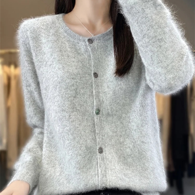 Aliselect womens cardigan wool sweater super warm pure mink cashmere sweater O-neck loose fitting womens clothing solid color knitted top 241203
