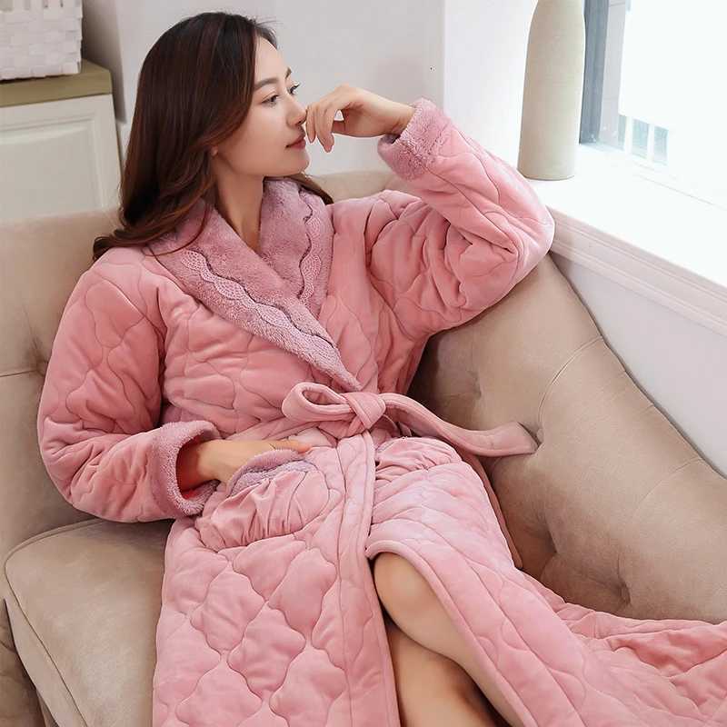 Winter New Coral Fleece Quilted Lady Robe Kimono Bathrobe Nightgown Thick Warm Long Sleeve Sleepwear Bath Night Gown MXXXL Z250924