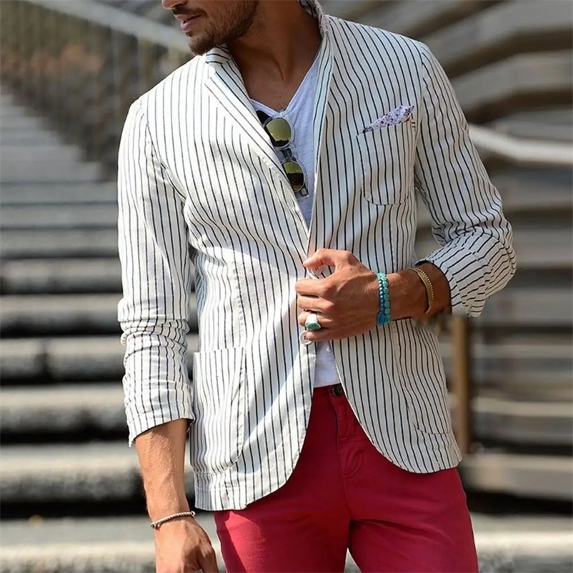 Men Lapel Long Sleeve Suit Coat Striped Print Pockets Buttons Placket Formal Business Blazer Thin Breathable Suit Jacket 240318