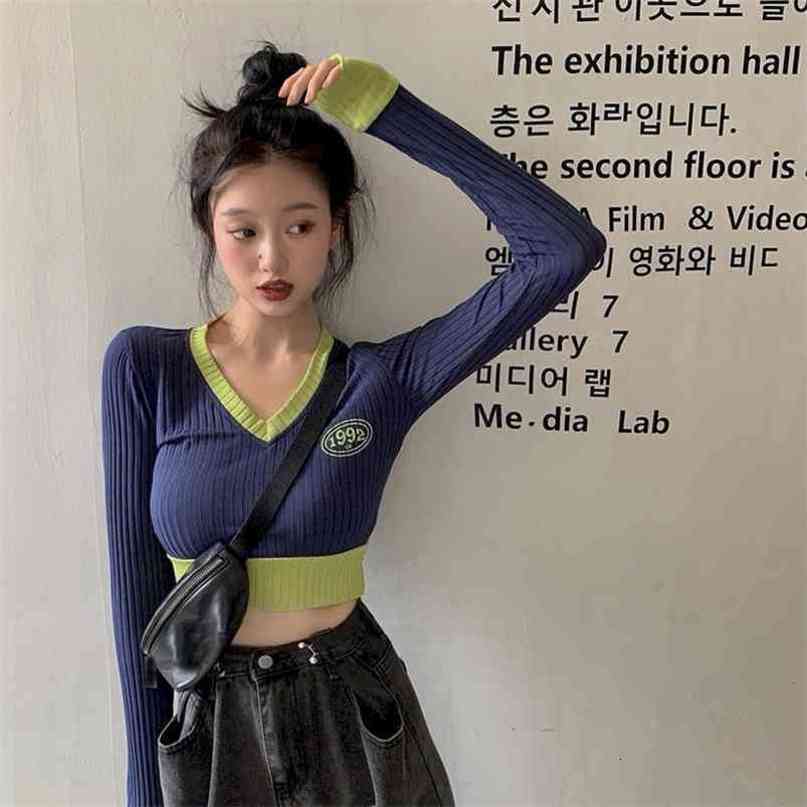 Knit Sweater Western Style V-neck Women's Autumn Slim-fit Contrast Short Cropped Long-sleeved Bottoming Shirt Top Trend 210805