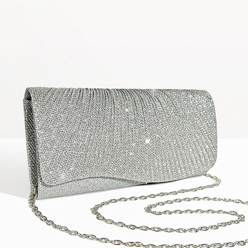 Women Fold Glitter Handbag Shiny Envelope Evening Bag Ladies Pleated Silver Clutch Chain Wedding Party Mini Long Purse XA12ZD 250815