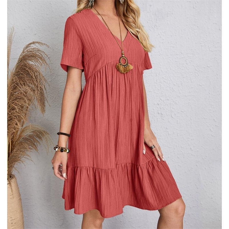 Casual Dresses Summer Women's Fashion Casual V-neck Solid Long Dress Vintage High Waist A-Line Simple Elegant Lantern Sleeve Party Dress 230407