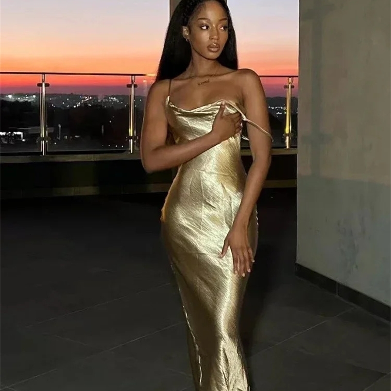 Oligai Elegant Satin Backless Maxi Dress For Women Gown Summer Spaghetti Strap Sleeveless Night Club Party Long Dress Vestido 240823